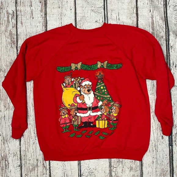 Vintage 80s Christmas Bear Family Xmas Santa Claus Ugly Sweater Party Sweatshirt - Picture 1 of 3